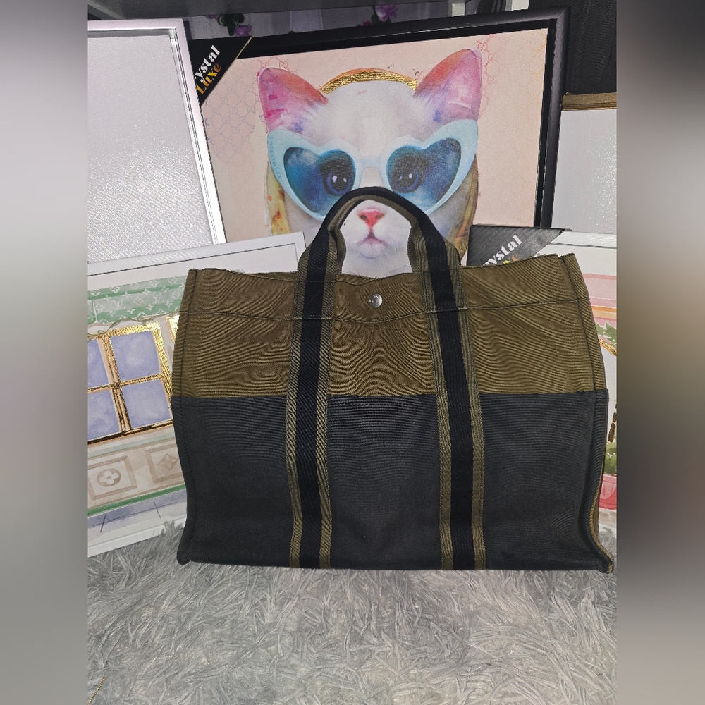 Hermès Striped Olive 🫒 Green & Blue Large Tote (GUC)(SEE PICS) - Picture 12 of 12